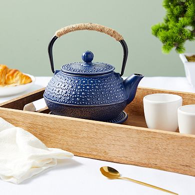 3 Piece Set Blue Japanese Cast Iron Teapot, Loose Leaf Tetsubin with Infuser and Trivet (27 oz)