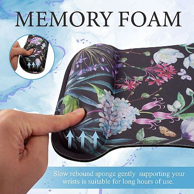 Floral Mouse Pad with Wrist Support and Keyboard Wrist Rest, Trapezoid L, Black