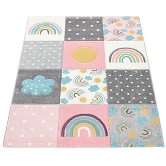 Colorful Kids Rug for Girls Room with Rainbows & Clouds in Pink
