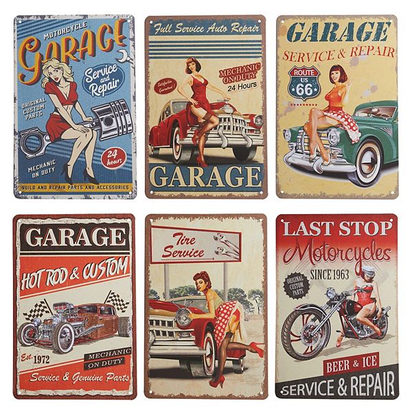 Okuna Outpost Vintage Metal Signs for Garage, Retro Wall Decor (8 x 11.8 in, 6 Pack)
