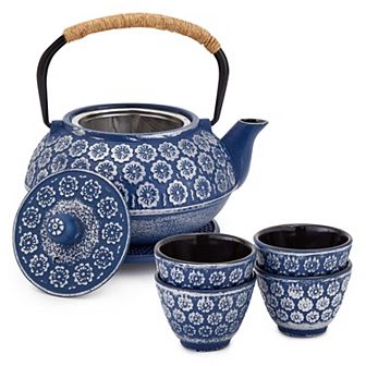6 pc Set 34 Oz Japanese Blue Cast Iron Teapot With Infuser, 4 Teacups, Trivet