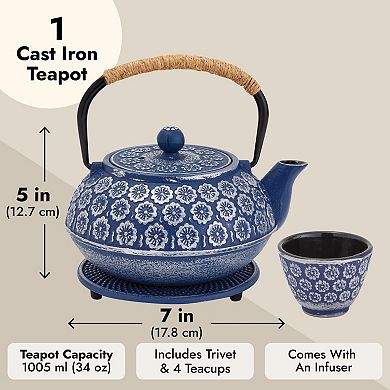 6 Pcs Set 34 Oz Japanese Blue Cast Iron Teapot With Infuser, 4 Teacups, Trivet