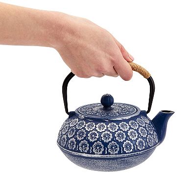 6 Pcs Set 34 Oz Japanese Blue Cast Iron Teapot With Infuser, 4 Teacups, Trivet