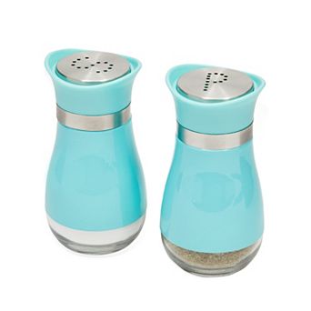 Teal Salt and Pepper Shakers with Glass Bottom, Stainless Steel Refillable (2 pc Set)