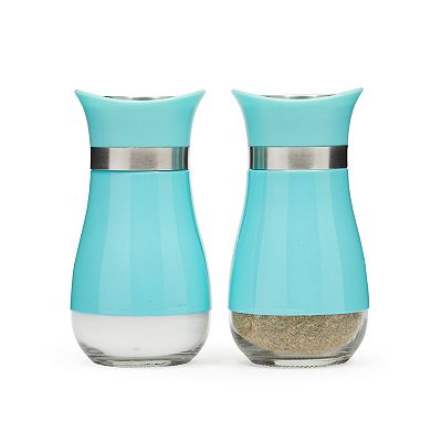 Teal Salt and Pepper Shakers with Glass Bottom, Stainless Steel Refillable (2 Piece Set)