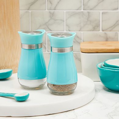 Teal Salt and Pepper Shakers with Glass Bottom, Stainless Steel Refillable (2 Piece Set)