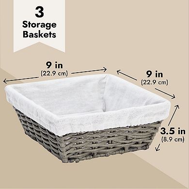 Farmlyn Creek Square Wicker Storage Baskets with Liners (9 x 9 x 3.5 Inches, 3 Pack)