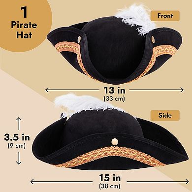 Tricorn Pirate Hat with Feather for Halloween Outfit, Renaissance Hat for Colonial Revolutionary War Theme Birthday Party Costume, Dress Up, Adult Size (Black)