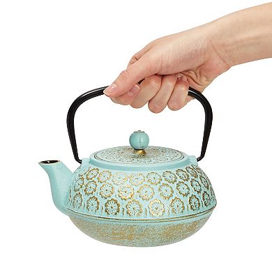 34oz Classic Cast Iron Tea Pot Kettle With Stainless Steel Infuser, Teal Floral