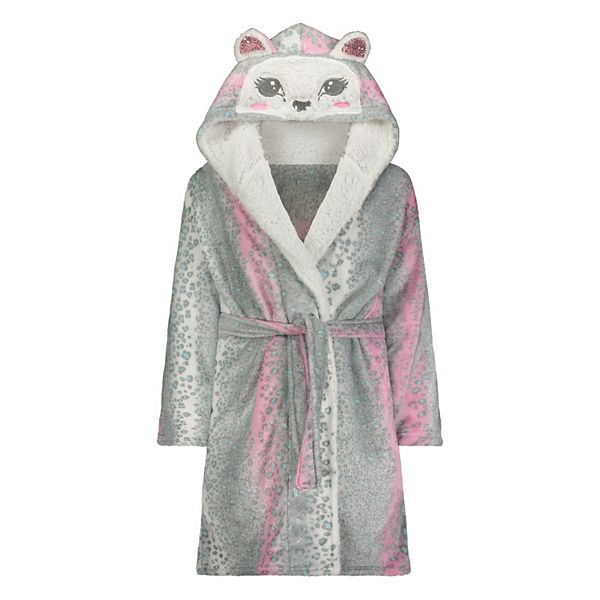 Sleep On It Girls Leopard Plush Fleece Robe with 3D Character Hood