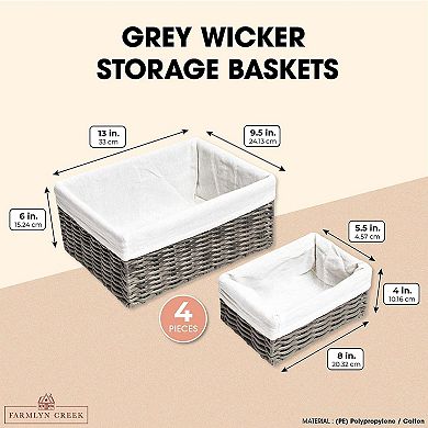 4 Pack Rectangular Wicker Storage Baskets, Decorative Bins for Organizing (Gray)