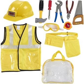 Kids Role Play Costume Set - 10 pc Construction Worker Costume for Kids, Builder Dress Up Kit with Hard Hat, Tool Belt, Vest, and Other Accessories for Pretend Play, Halloween Dress Up, School Play