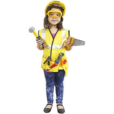Kids Role Play Costume Set - 10-Piece Construction Worker Costume for Kids, Builder Dress Up Kit with Hard Hat, Tool Belt, Vest, and Other Accessories for Pretend Play, Halloween Dress Up, School Play