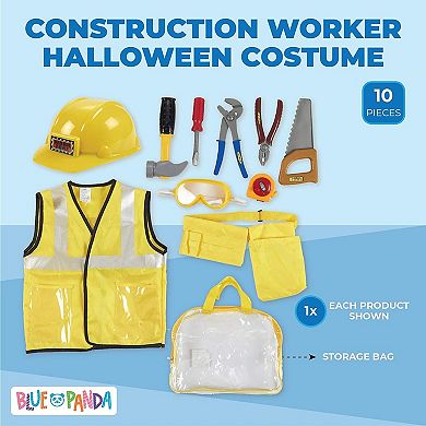 Kids Role Play Costume Set - 10-Piece Construction Worker Costume for Kids, Builder Dress Up Kit with Hard Hat, Tool Belt, Vest, and Other Accessories for Pretend Play, Halloween Dress Up, School Play