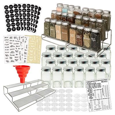 Spice Racks with 24 Glass Spice Jars 2 Types of Printed Spice Labels by Talented Kitchen. Complete Set 2 Shelf Stainless Steel 3 Tier Racks 24 Square Empty Glass Jars 4oz Chalkboard Clear Label