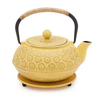 3 pc Set Yellow Japanese Cast Iron Teapot, Floral Tetsubin with Infuser and Trivet (27 oz)