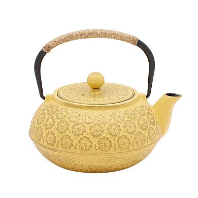 3 Piece Set Yellow Japanese Cast Iron Teapot, Floral Tetsubin with Infuser and Trivet (27 oz)