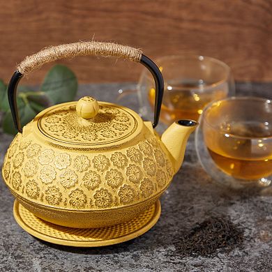 3 Piece Set Yellow Japanese Cast Iron Teapot, Floral Tetsubin with Infuser and Trivet (27 oz)
