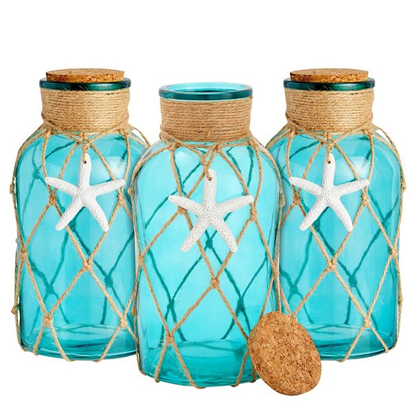 3 Pack Blue Glass Vase with Cork Lid, Rope and Starfish Accent, Beach