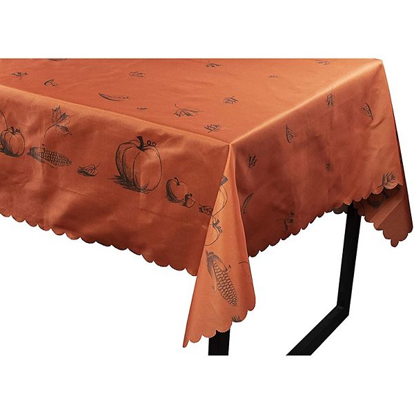 Scalloped Thanksgiving Themed Fall Tablecloth with Pumpkin and Leave