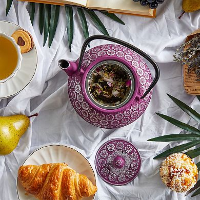 34oz Classic Cast Iron Tea Pot Kettle With Stainless Steel Infuser Purple Floral