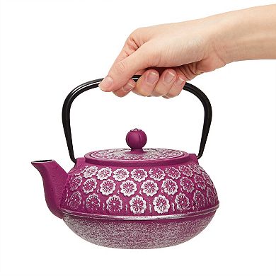 34oz Classic Cast Iron Tea Pot Kettle With Stainless Steel Infuser Purple Floral