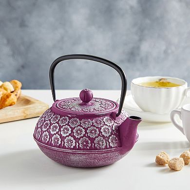 34oz Classic Cast Iron Tea Pot Kettle With Stainless Steel Infuser Purple Floral