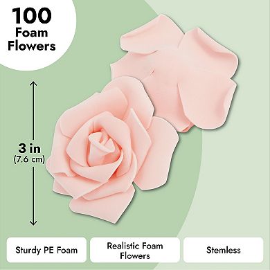 100 Pack Pink Artificial Flowers, Bulk Stemless Fake Foam Roses, 3 In