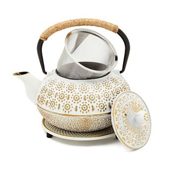 27 Oz White Japanese Cast Iron Teapot With Stainless Steel Infuser And Trivet