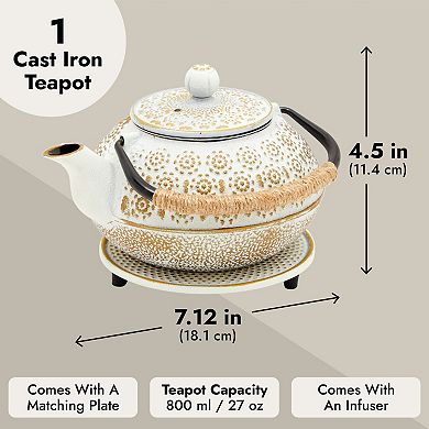 27 Oz White Japanese Cast Iron Teapot With Stainless Steel Infuser And Trivet