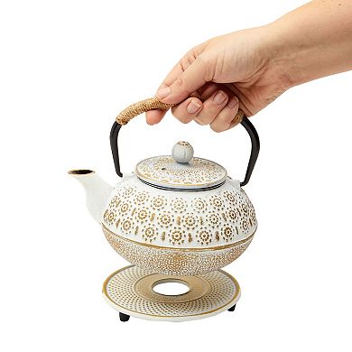 27 Oz White Japanese Cast Iron Teapot With Stainless Steel Infuser And Trivet