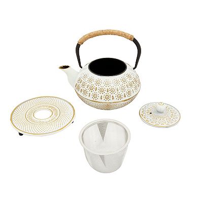 27 Oz White Japanese Cast Iron Teapot With Stainless Steel Infuser And Trivet