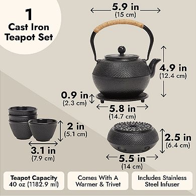 6 Pcs Set Cast Iron Tea Kettle, 4 Teacups, Warmer, Japanese Teapot 40 Oz/1200ml