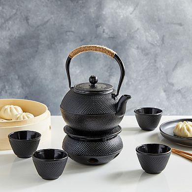 6 Pcs Set Cast Iron Tea Kettle, 4 Teacups, Warmer, Japanese Teapot 40 Oz/1200ml