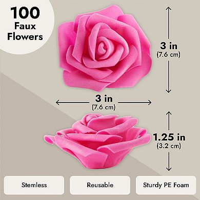 100 Pack Hot Pink Artificial Flowers, Bulk Stemless Fake Foam Roses, 3 In