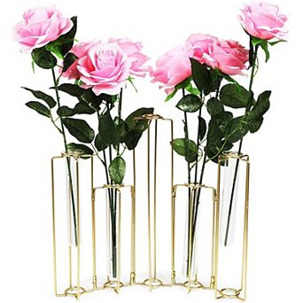6-Pack Metal Hinged Plant Stand Set with Glass Test Tube Vases (Gold)