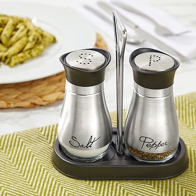 Salt and Pepper Shakers Set with Holder, Unique Stainless Steel and Glass Dispensers for Kitchen Accessories (4oz)