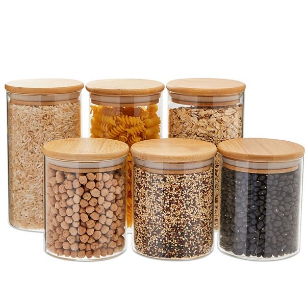 2 Pack Bamboo Storage Containers with Lids, 24 oz Glass Jars, 2 Sizes