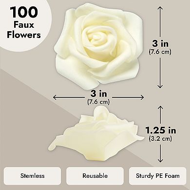 100 Pack Ivory Artificial Flowers, Bulk Stemless Fake Foam Roses, 3 In