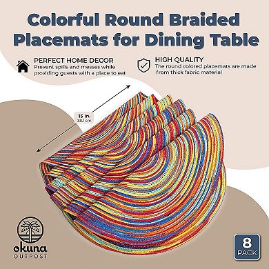 Colorful Round Braided Placemats for Dining Table (15 Inches, 8 Pack)