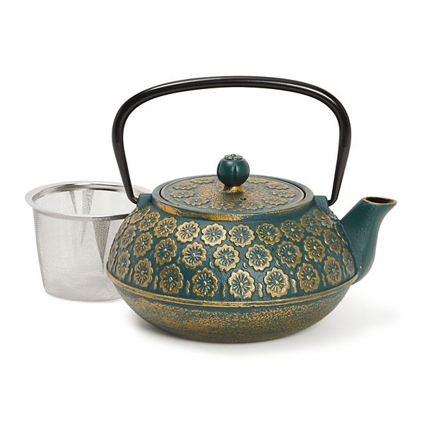 Green Floral Cast Iron Teapot Kettle with Stainless Steel Loose Leaf