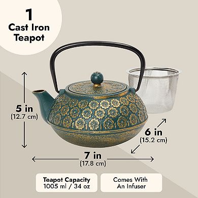 Green Floral Cast Iron Teapot Kettle with Stainless Steel Loose Leaf Infuser (34 oz)