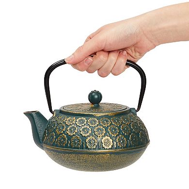 Green Floral Cast Iron Teapot Kettle with Stainless Steel Loose Leaf Infuser (34 oz)