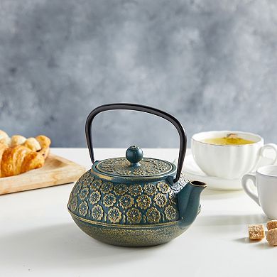 Green Floral Cast Iron Teapot Kettle with Stainless Steel Loose Leaf Infuser (34 oz)