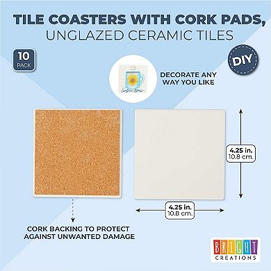 10-Pack 4.25 x 4.25 in White Ceramic Tiles for Crafts, Unglazed Square Coasters