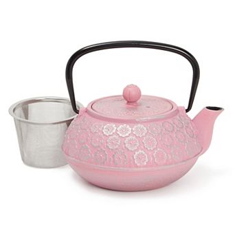34oz Classic Cast Iron Tea Pot Kettle With Stainless Steel Infuser, Pink Floral