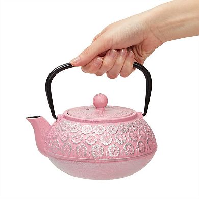 34oz Classic Cast Iron Tea Pot Kettle With Stainless Steel Infuser, Pink Floral