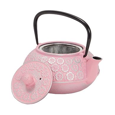 34oz Classic Cast Iron Tea Pot Kettle With Stainless Steel Infuser, Pink Floral