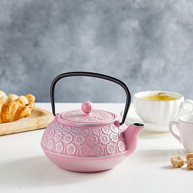 34oz Classic Cast Iron Tea Pot Kettle With Stainless Steel Infuser, Pink Floral