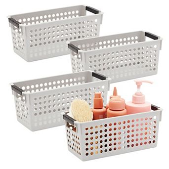 Grey Plastic Baskets with Handles for Bathroom, Laundry Room, Closet Organization (4 Pack)